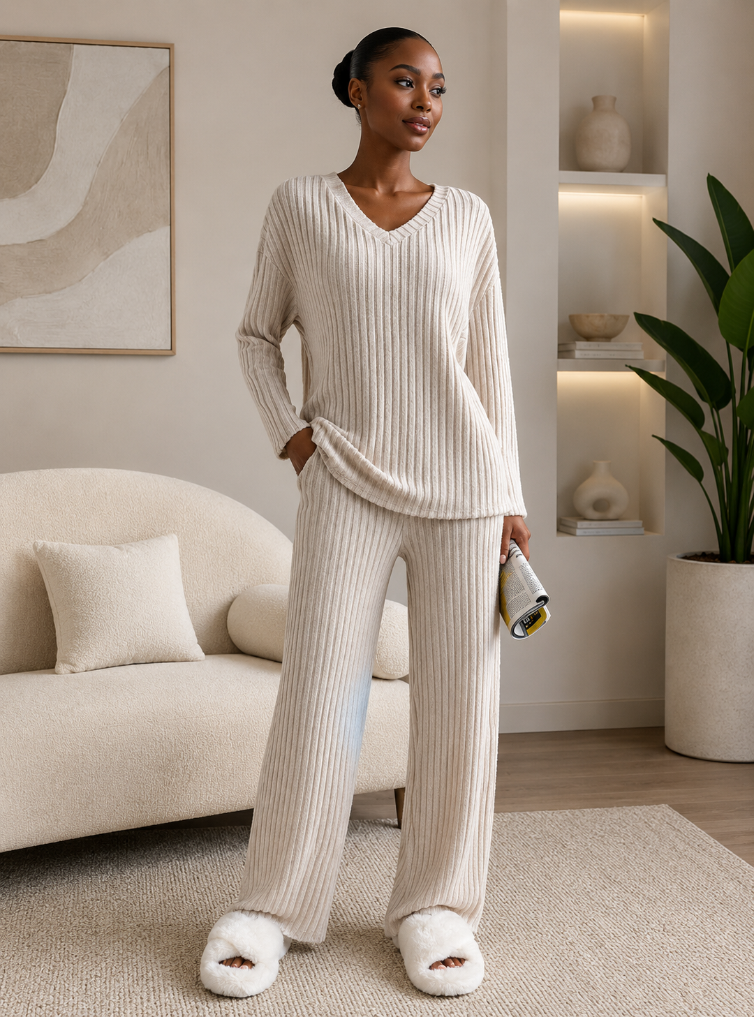 Khaki Ribbed Lounge Set (Loose Relaxed Fit)
