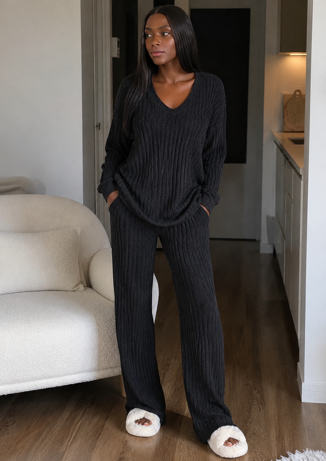 Black Ribbed Lounge Set (Loose Relaxed Fit)