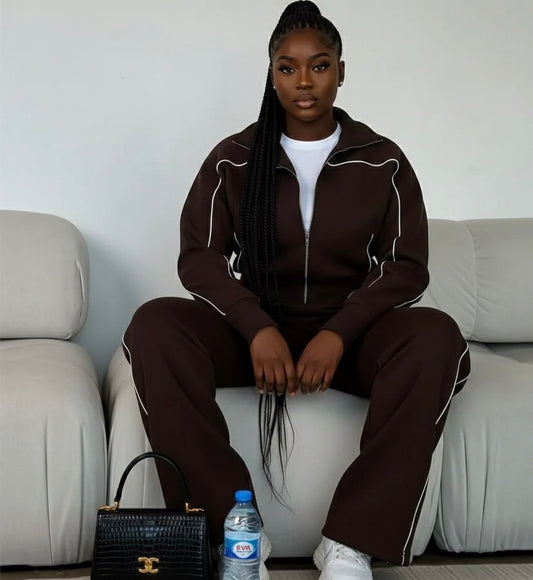 Dark Chocolate Wideleg Track Suit (Cotton/Poly/Wool)
