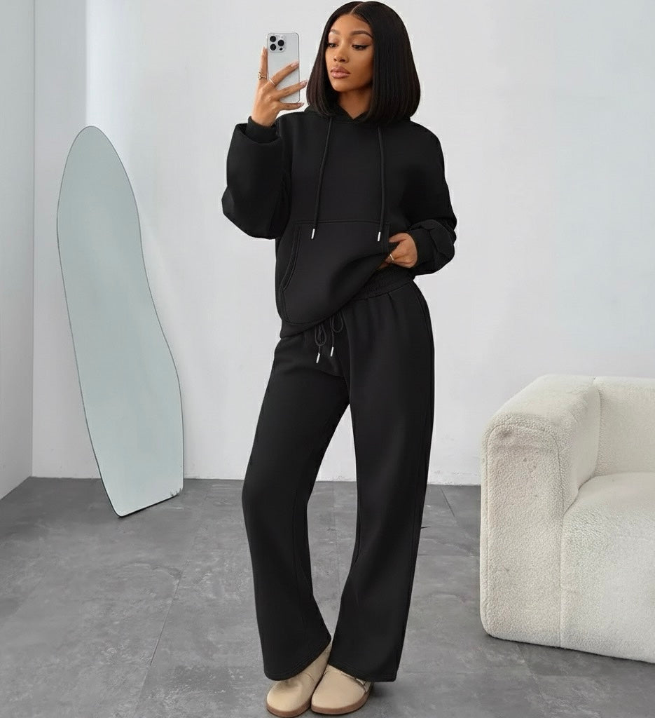 Black 2pc Wide-Leg Set(Polyester & Wool)