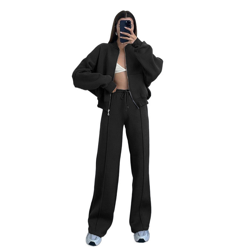 Black 2pc Zip Set(Polyester & Wool)