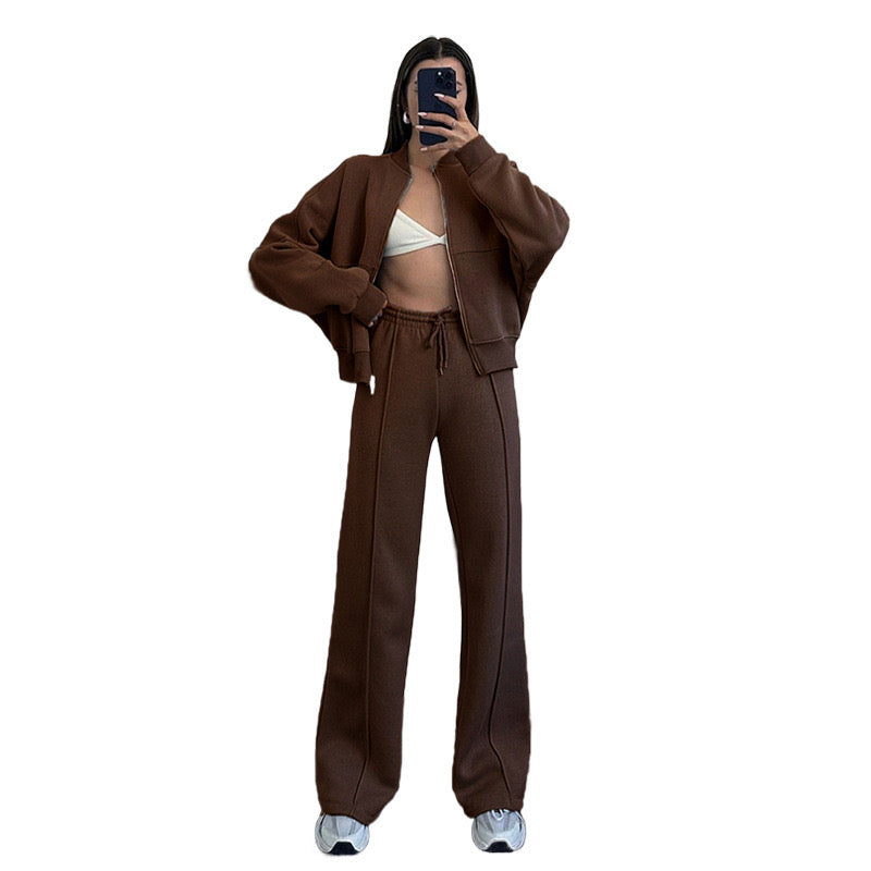 Chocolate 2pc Zip Set(Polyester & Wool)