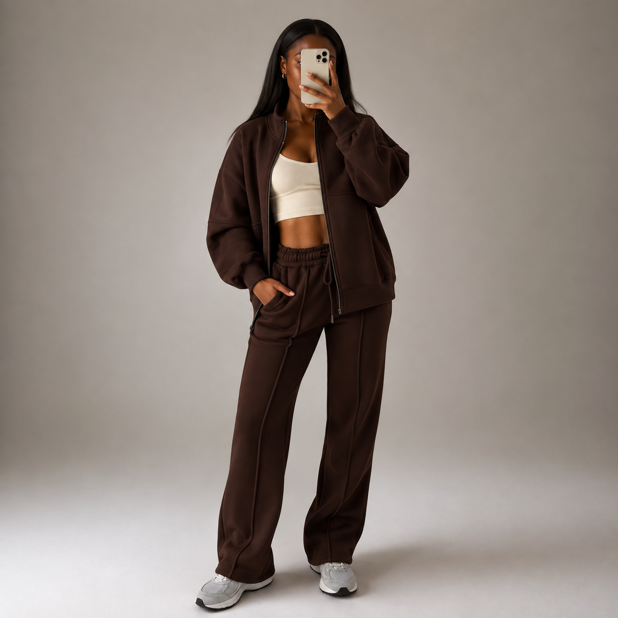 Dark chocolate 2pc Zip Set with Pockets (Polyester & Wool)