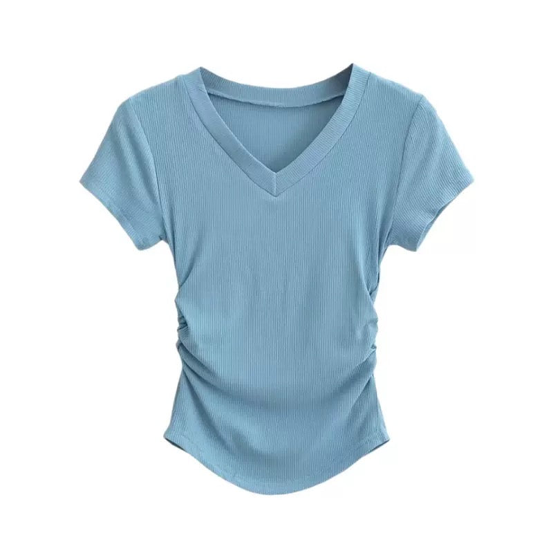 Skyblue Ribbed V-neck Compression T-shirt