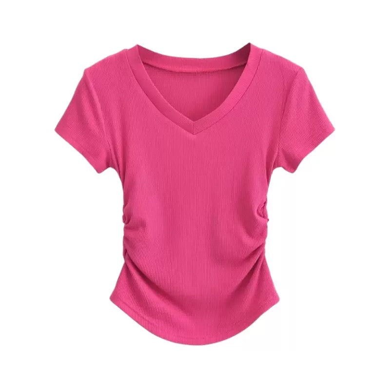 Rose Pink Ribbed V-neck Compression T-shirt