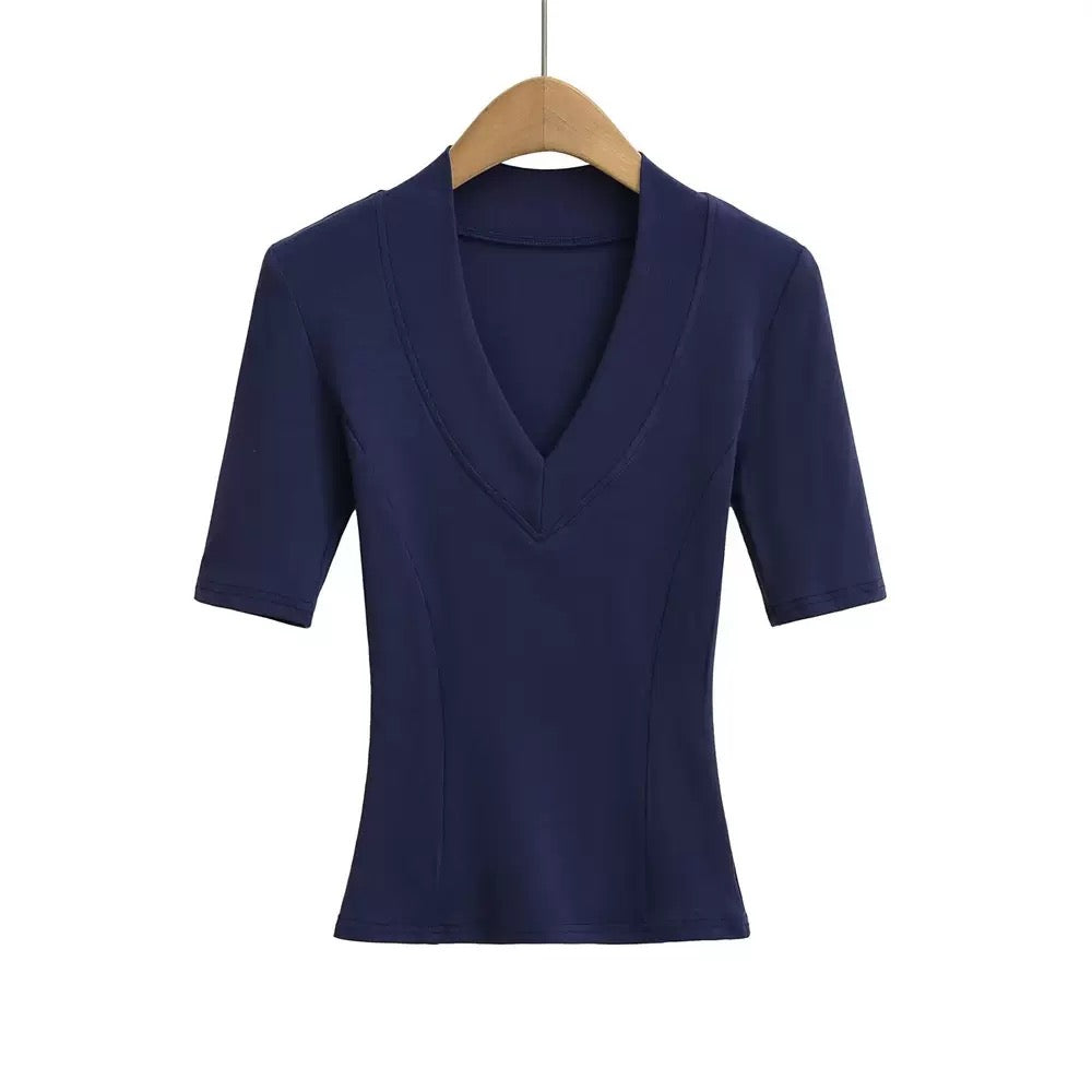 Navyblue V-neck Mid-sleeve Compression T-shirt