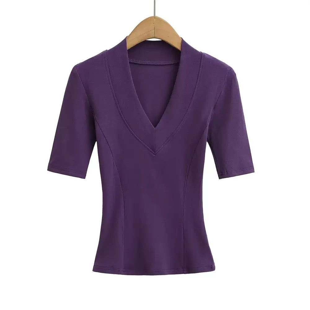 Purple V-neck Mid-sleeve Compression T-shirt