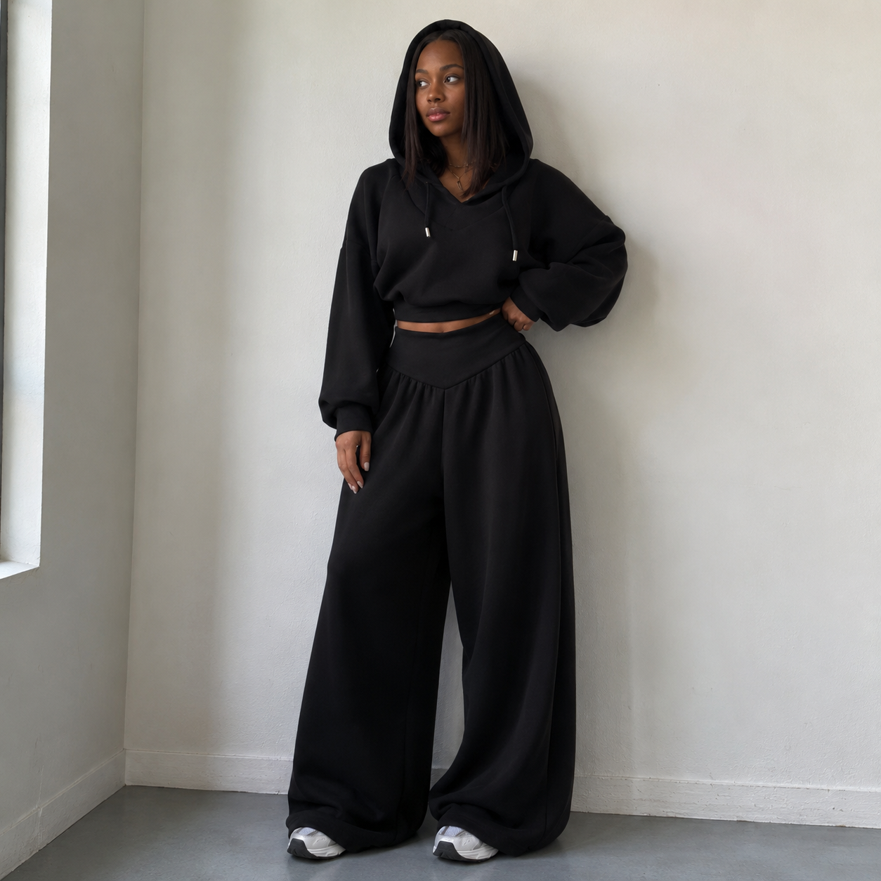 Black Vneck Hoodie 2pc set (Cotton Blend)