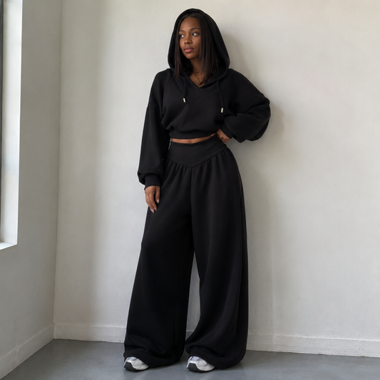 Black Vneck Hoodie 2pc set (Cotton Blend)