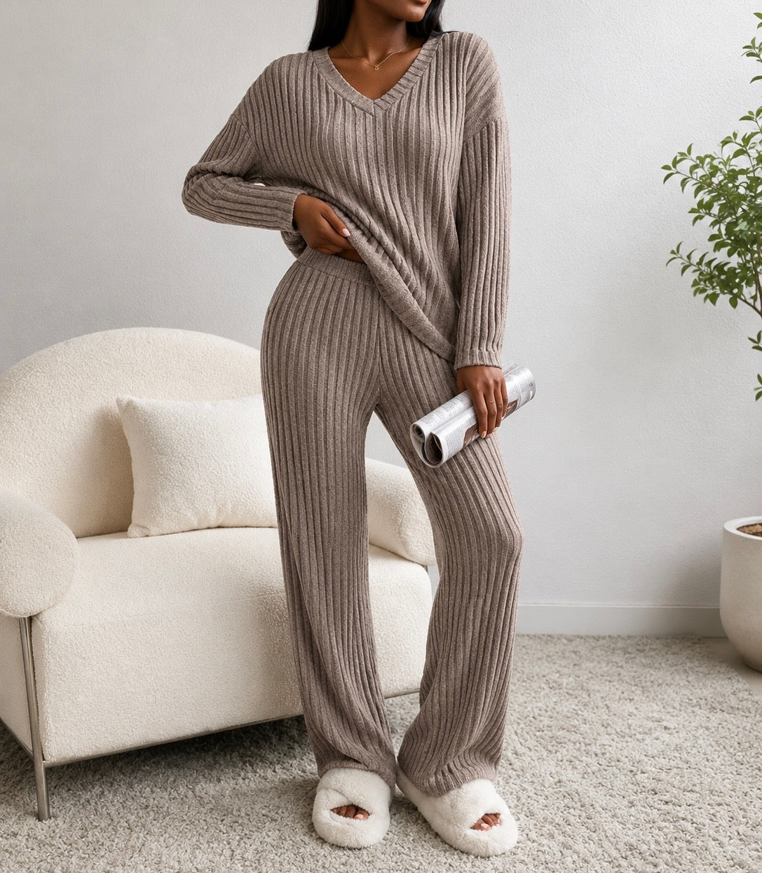 Dark Khaki Ribbed Lounge Set (Loose Relaxed Fit)