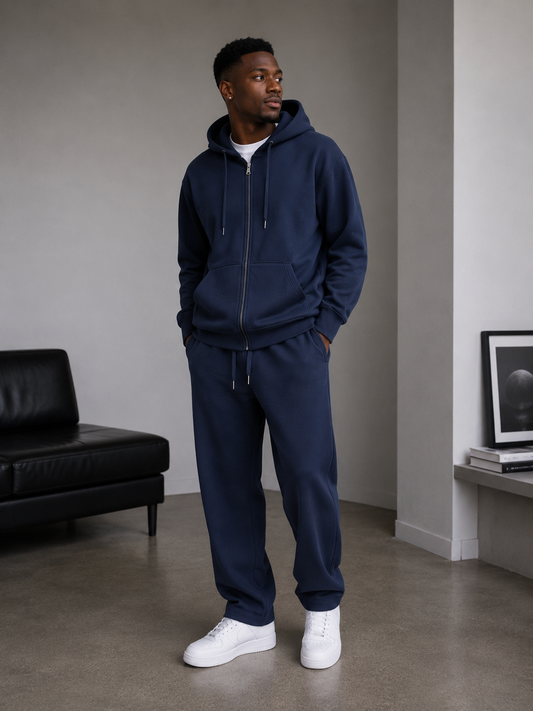 Men’s Unisex Navyblue 2pc ZIP Hoodie Set(Cotton/Poly/Velour)