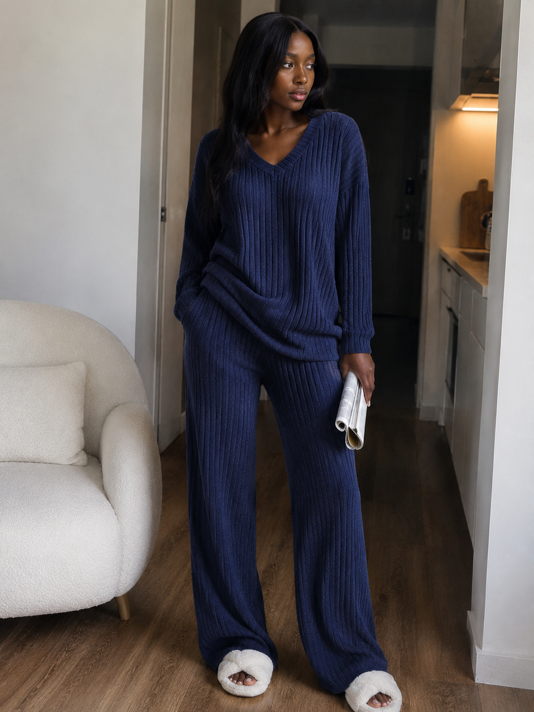 Navyblue Ribbed Lounge Set (Loose Relaxed Fit)