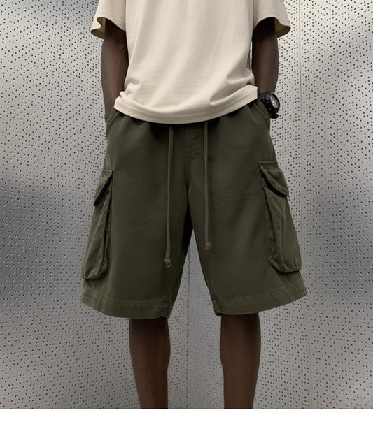 Army Green Wideleg Cotton Cargo Shorts