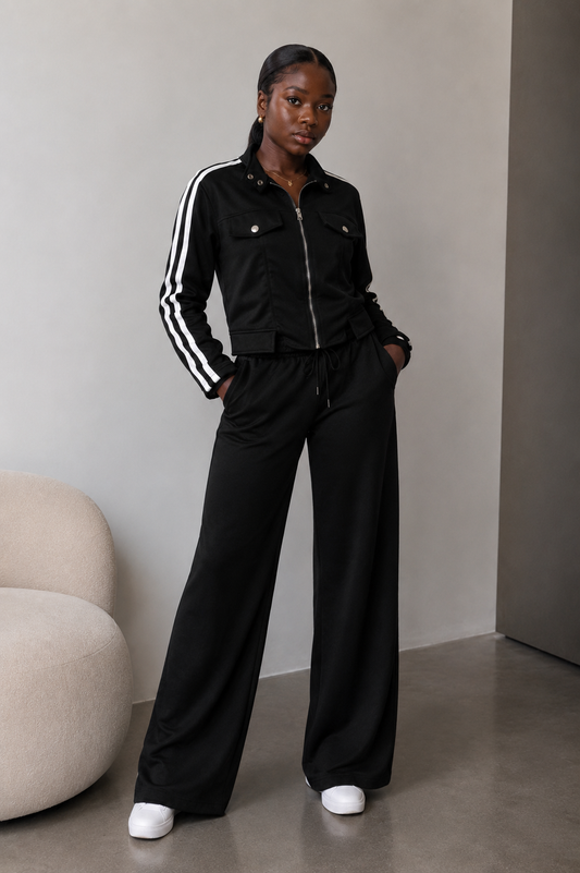 Black striped Wideleg Track Suit Polyester