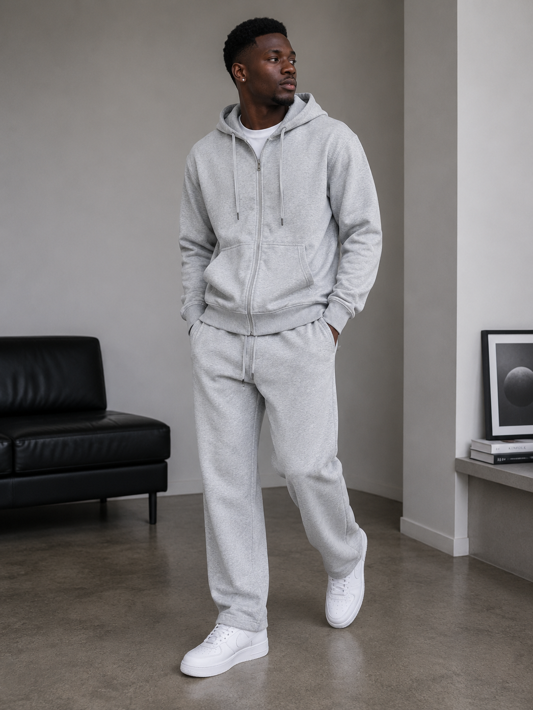 Men’s Unisex Grey 2pc ZIP Hoodie Set(Cotton/Poly/Velour)