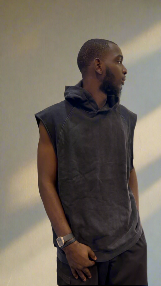 380gsm Black Stone/Acid-washed Armless Hoodie