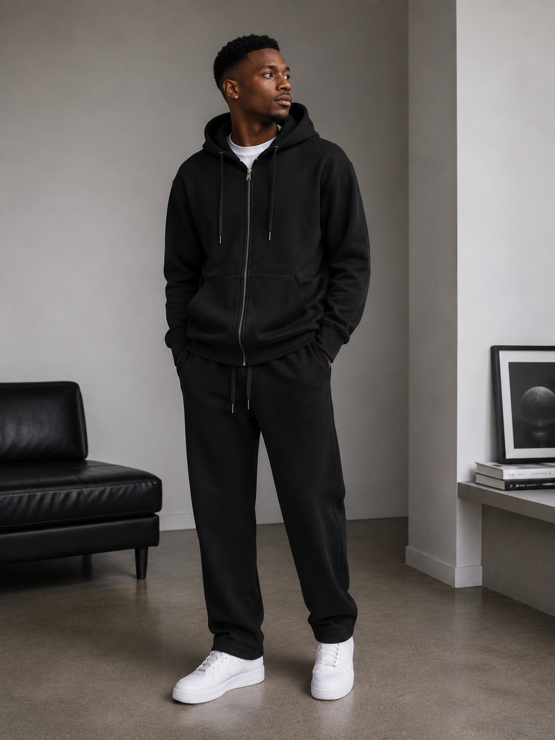 Men’s Unisex Black 2pc ZIP Hoodie Set(Cotton/Poly/Velour)
