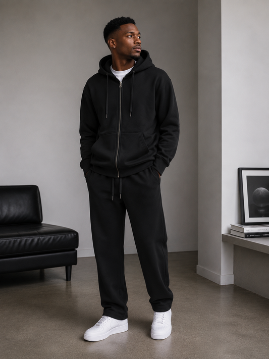 Men’s Unisex Black 2pc ZIP Hoodie Set(Cotton/Poly/Velour)