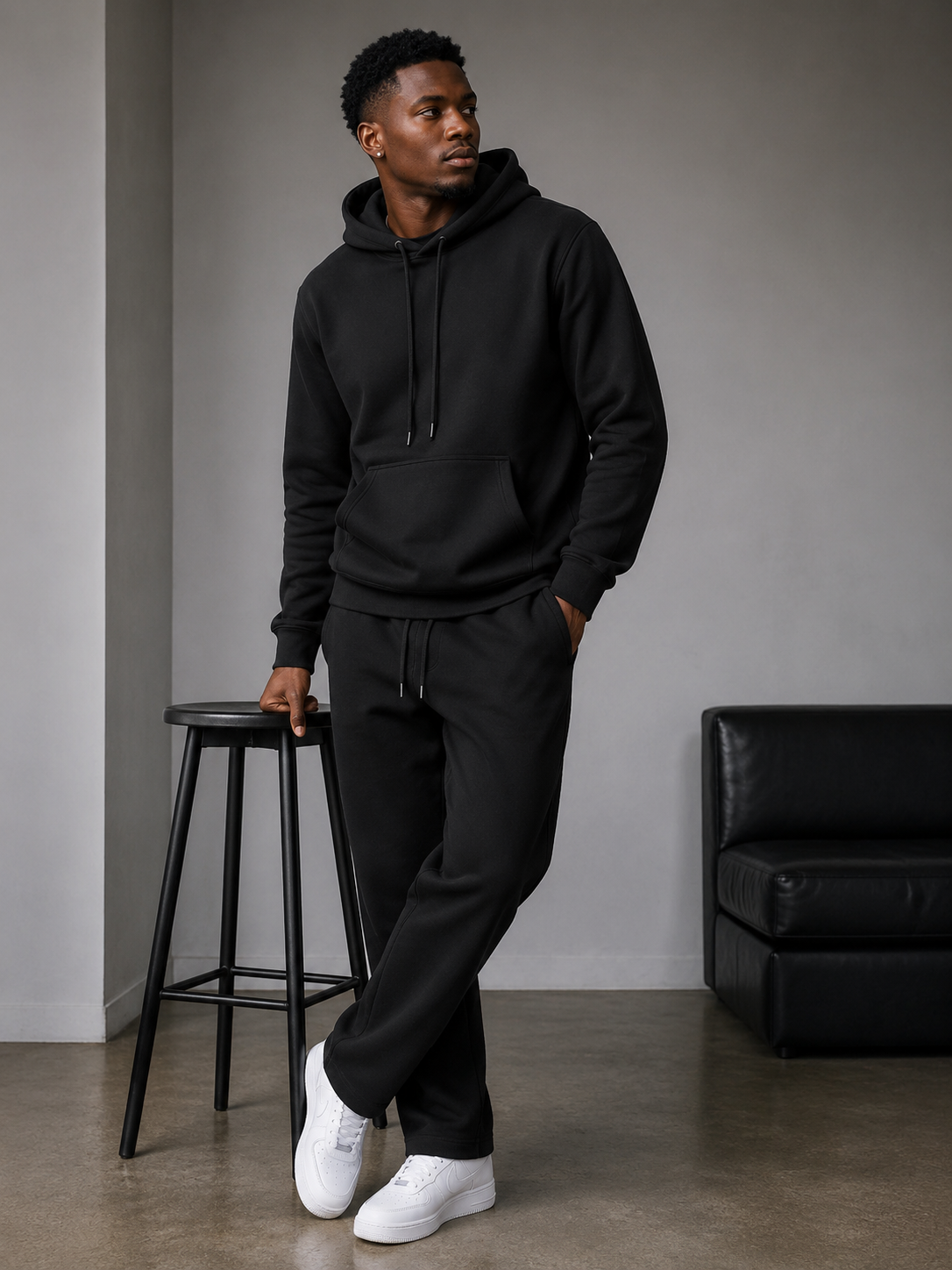 Men’s Unisex Black 2pc Hoodie Set(Cotton/Poly/Velour)