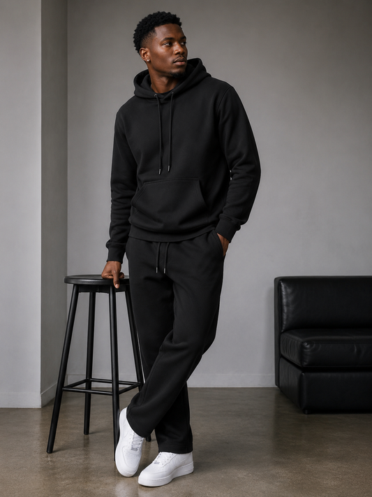 Men’s Unisex Black 2pc Hoodie Set(Cotton/Poly/Velour)