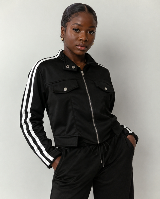Black striped Wideleg Track Suit Polyester
