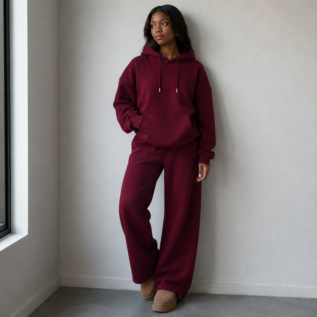 Maroon 2pc Wide-Leg Set(Polyester & Wool)