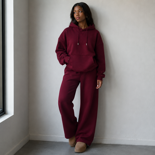 Maroon 2pc Wide-Leg Set(Polyester & Wool)