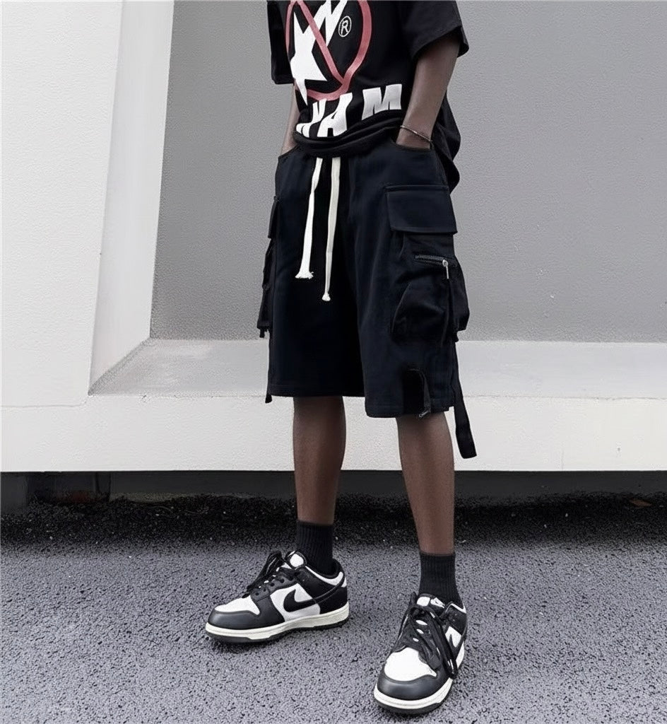 Black Loose Cotton Cargo Shorts