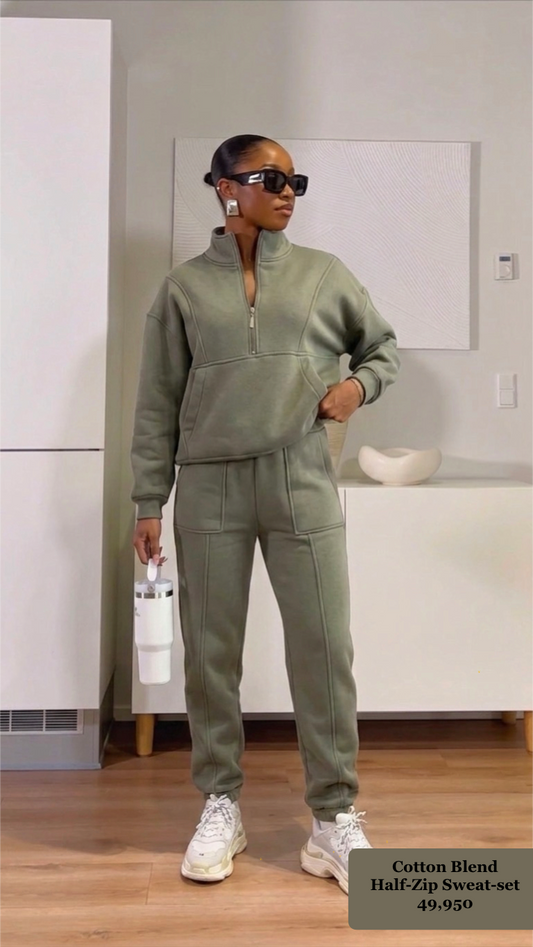 Olive 2pc Half Zip Sweat Set(Cotton Blend)