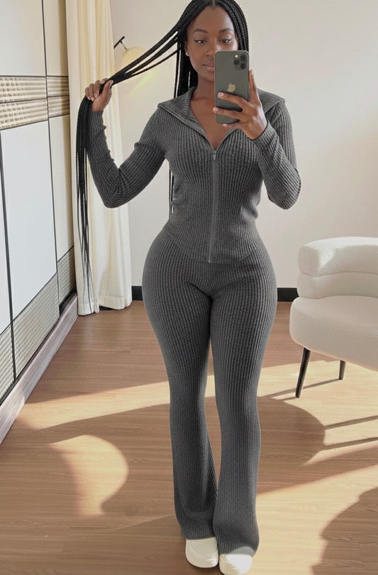 Stretchy Dark Grey Corduroy Corset Wideleg Set