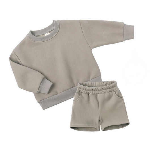 Taupe Grey Heavy Cotton Sweatshirt & Shorts (Kids Set)