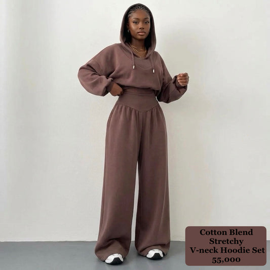 Brown Vneck Hoodie 2pc set (Cotton Blend)