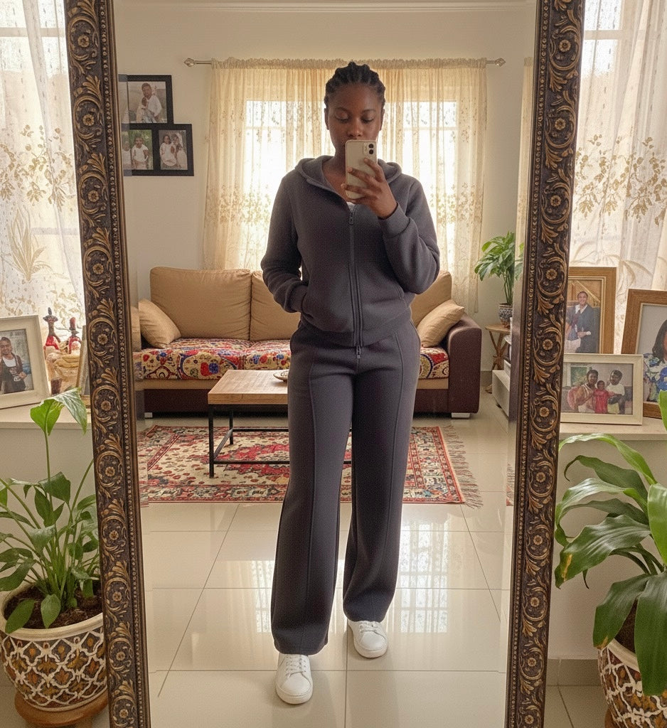 Dark Grey Zip Wideleg Hoodie-set (Cotton/Poly)