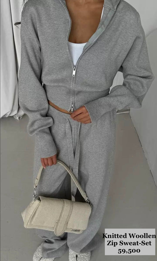 Gray Knitted Woollen 2pc zip SweatSet(Cotton Blend)