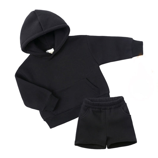 Black Heavy Cotton Hoodie & Shorts (Kids Set)