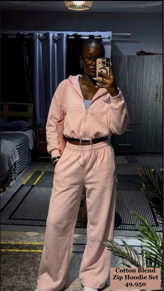 Peach 2pc Zip Hoodie Set(Cotton/Polyester & Wool)