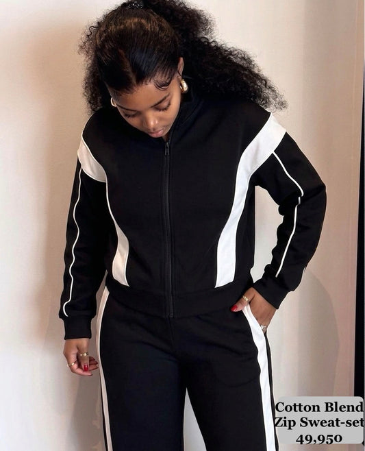Black bold line 2pc zip Tracksuit (Cotton Blend)