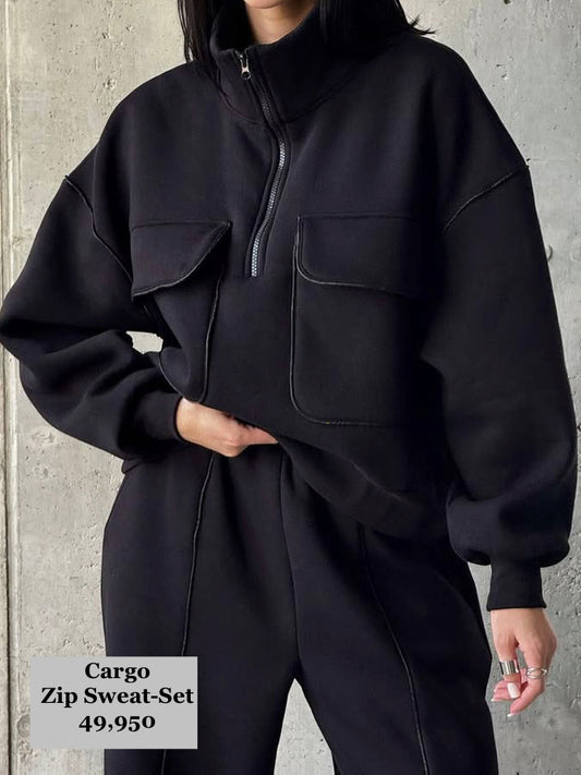 Black Cargo 2pc Zip Sweat Set(Cotton Blend)