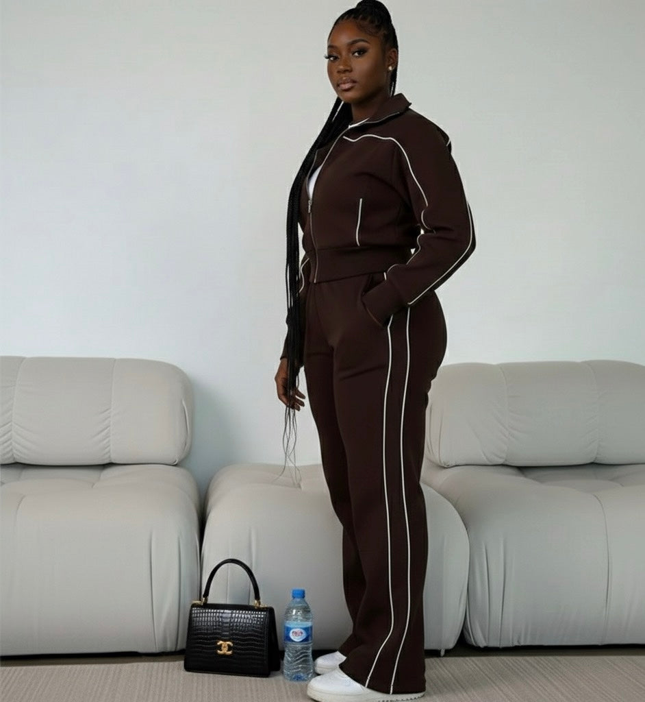 Dark Chocolate Wideleg Track Suit (Cotton/Poly/Wool)