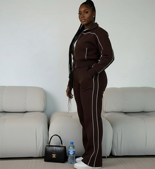 Dark Chocolate Wideleg Track Suit (Cotton/Poly/Wool)
