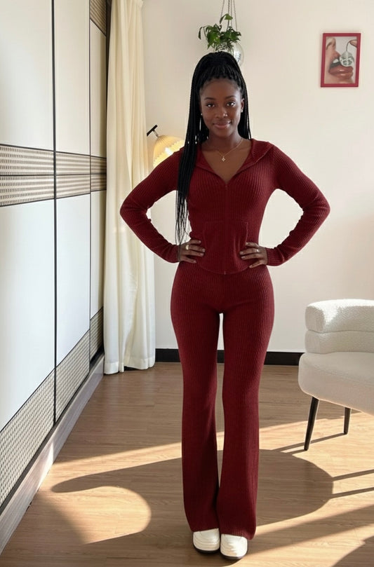 Stretchy Maroon Corduroy Corset Wideleg Set