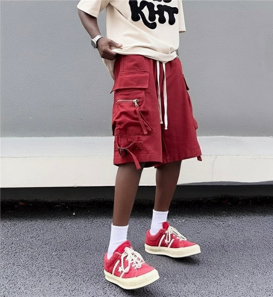 Maroon Loose Cotton Cargo Shorts