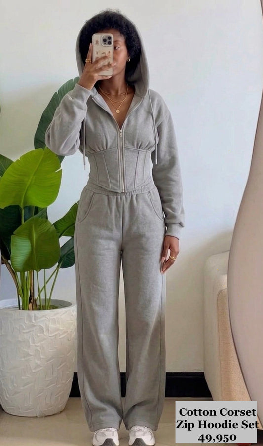 Grey Corset 2pc zip Hoodie Set (Cotton Wool)