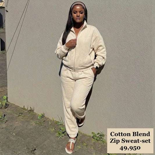 Khaki 2pc Zip Sweat Set(Cotton Blend)