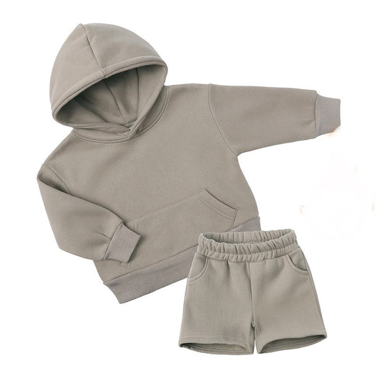 Taupe Grey Heavy Cotton Hoodie & Shorts (Kids Set)