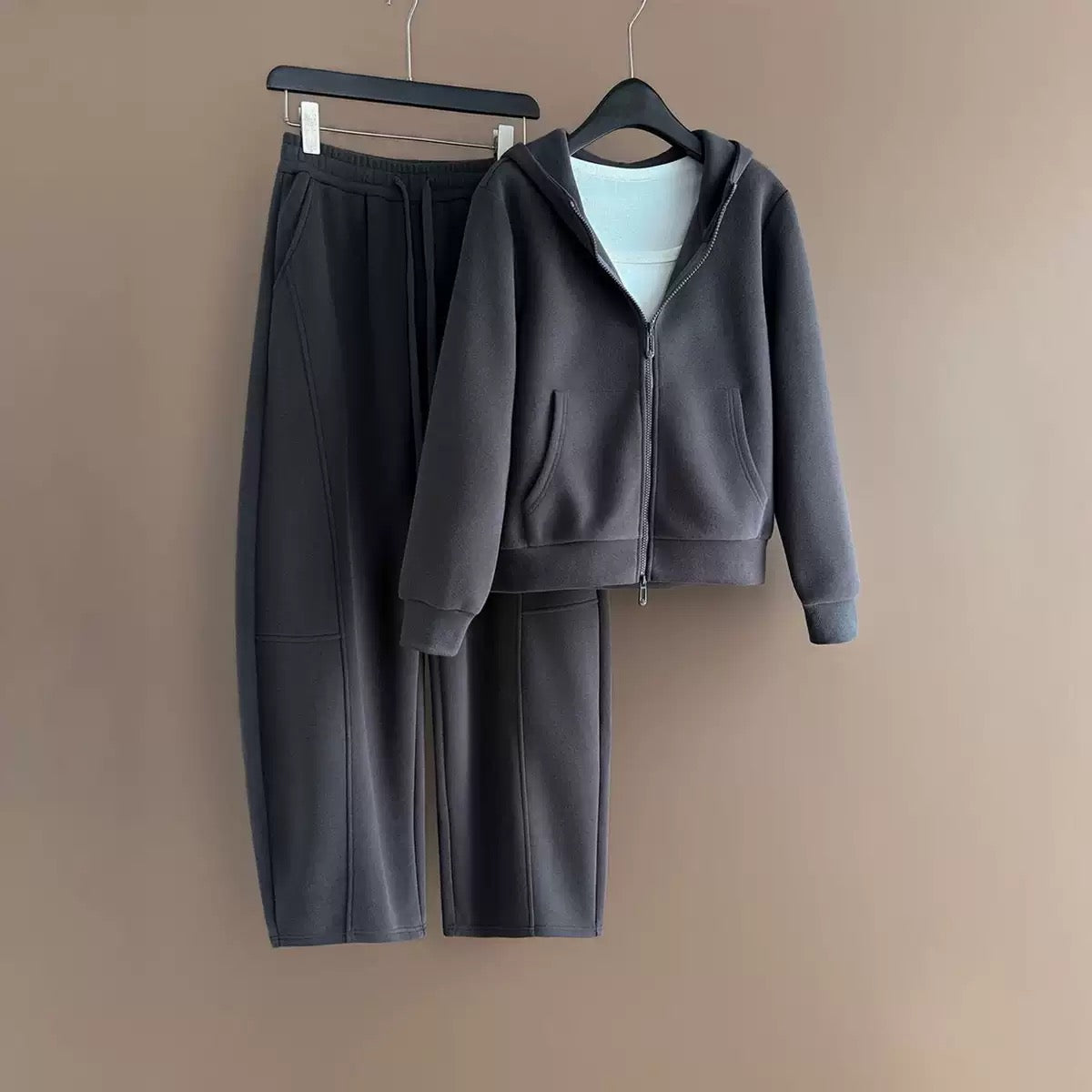 Dark Grey Zip Wideleg Hoodie-set (Cotton/Poly)