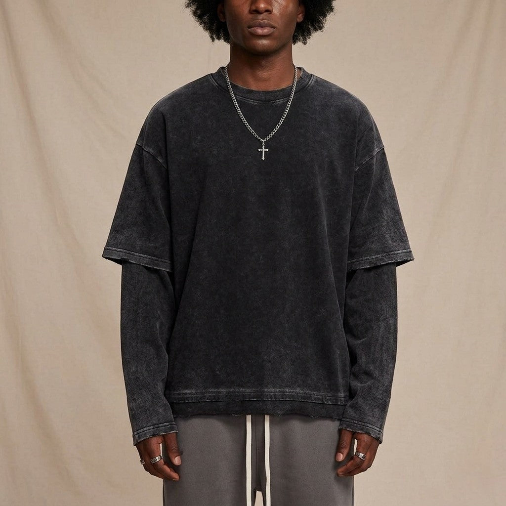Black Stonewashed Double-sleeved Sweatshirt (Cotton)