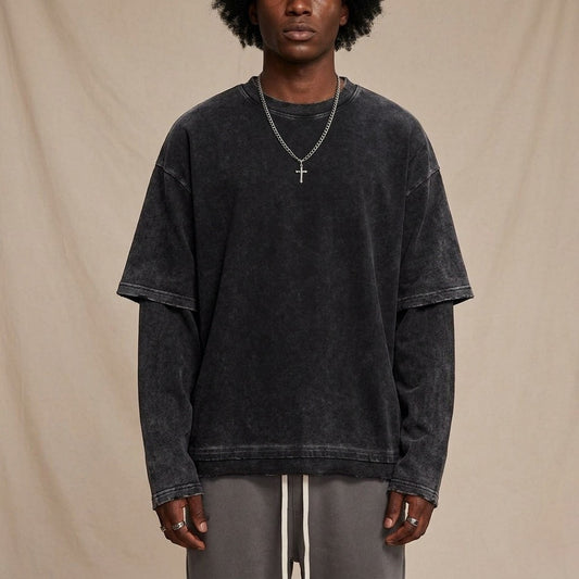 Black Stonewashed Double-sleeved Sweatshirt (Cotton)