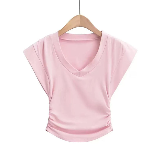 Pink V-neck V-sleeve Compression T-shirt