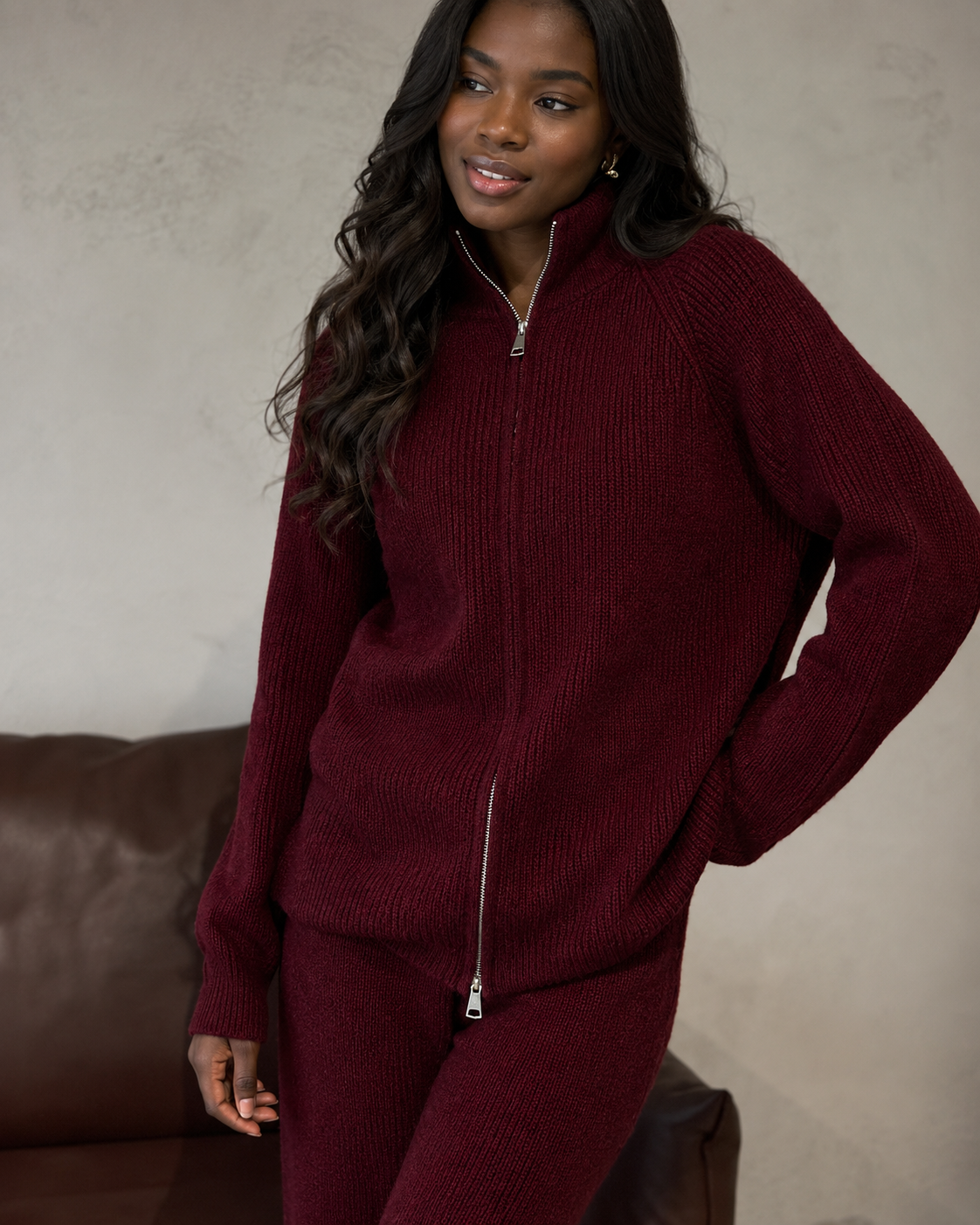 Maroon knitted woollen 2pc Zip Sweat Set(Cotton & Wool)